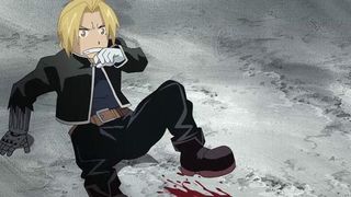 Edward Elric has been knocked to the ground in Fullmetal Alchemist: Brotherhood