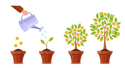 Hand watering money tree. Financial plant, golden flowers coins. Growth investitions process, prosperity business success results vector creative concept