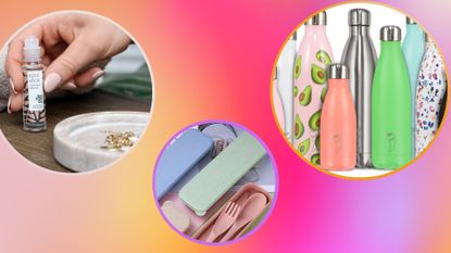 Three products from the handbag essentials article on a gradient pink and orange background 