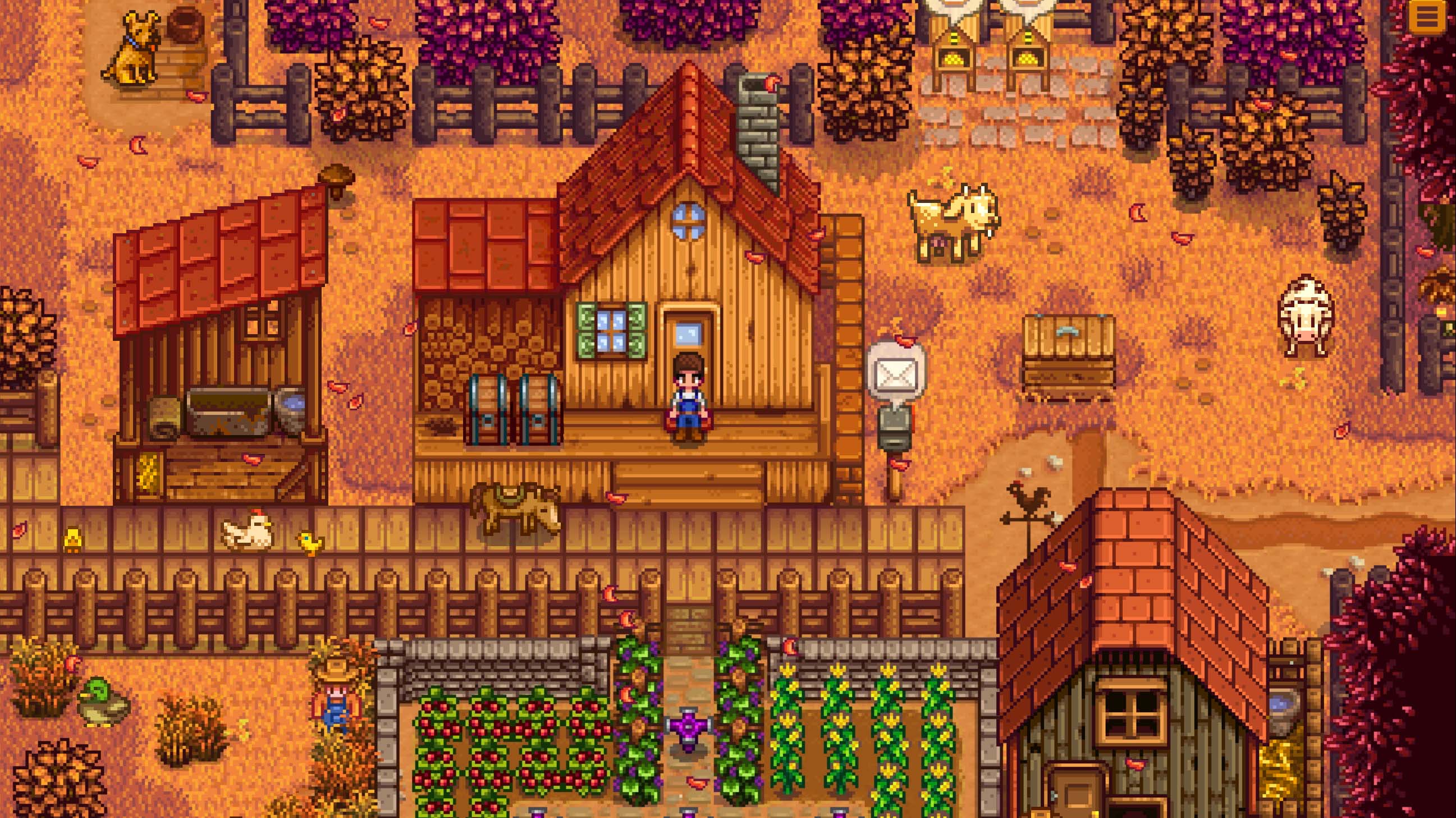 A farm during fall in Stardew Valley