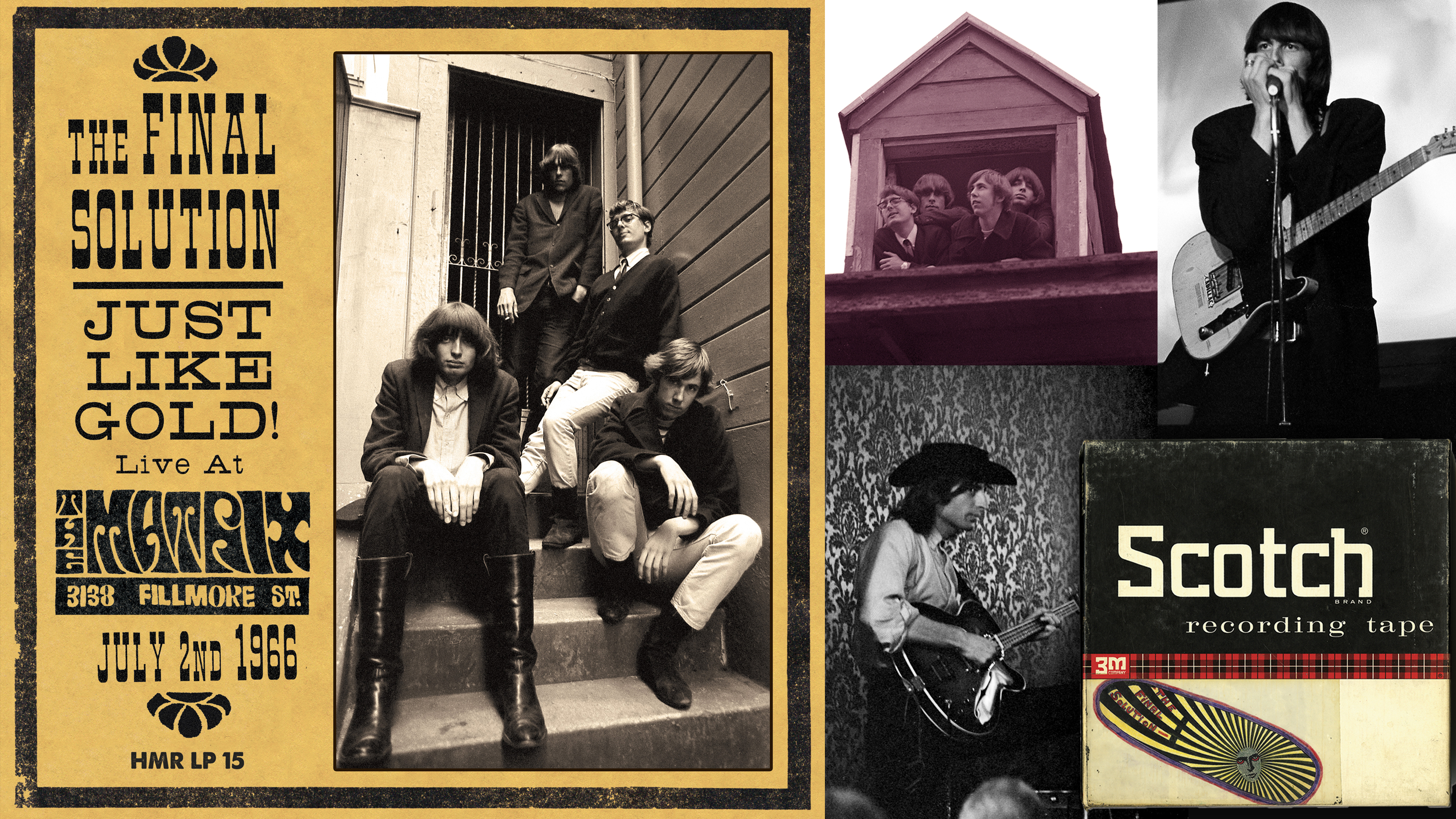 A photo collage showing the High Moon Records release The Final Solution: Just Like Gold!, photos of band members, and the Scotch brand recording tape box containing the group's tape recordings featured on the album. The Final Solution was a 1960s psychedelic band from San Francisco