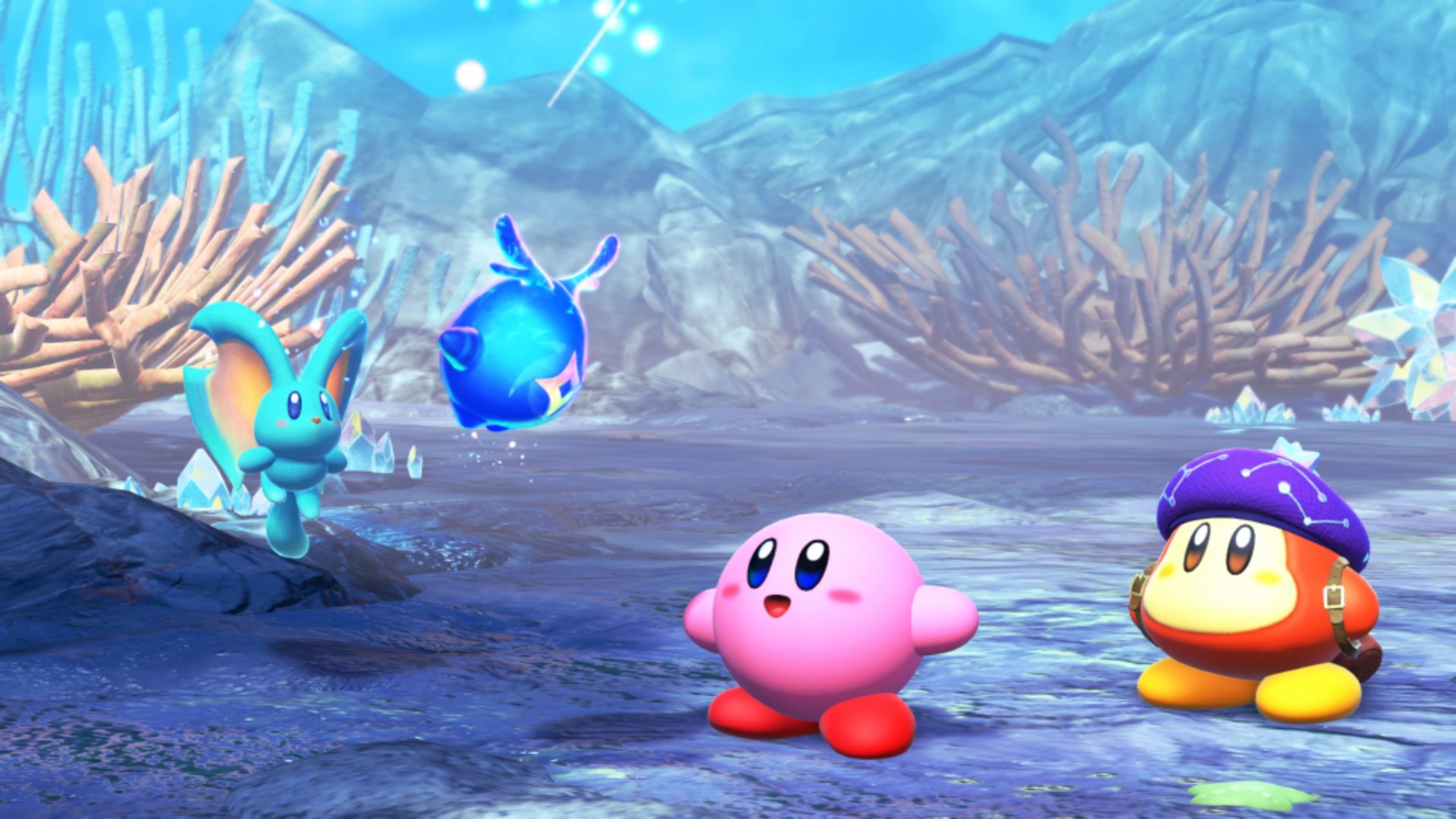 Kirby and the Forgotten Land Star-Crossed World screenshot of Kirby looking up at a little starry character with Astronomer Waddle Dee (who wears a beret with star decals) and the blue chinchilla-like companion Elfilin