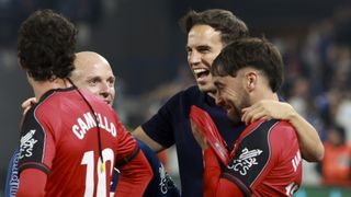 Rayo Vallecano coach Inigo Perez celebrates reaching the 2026 UEFA Conference League final