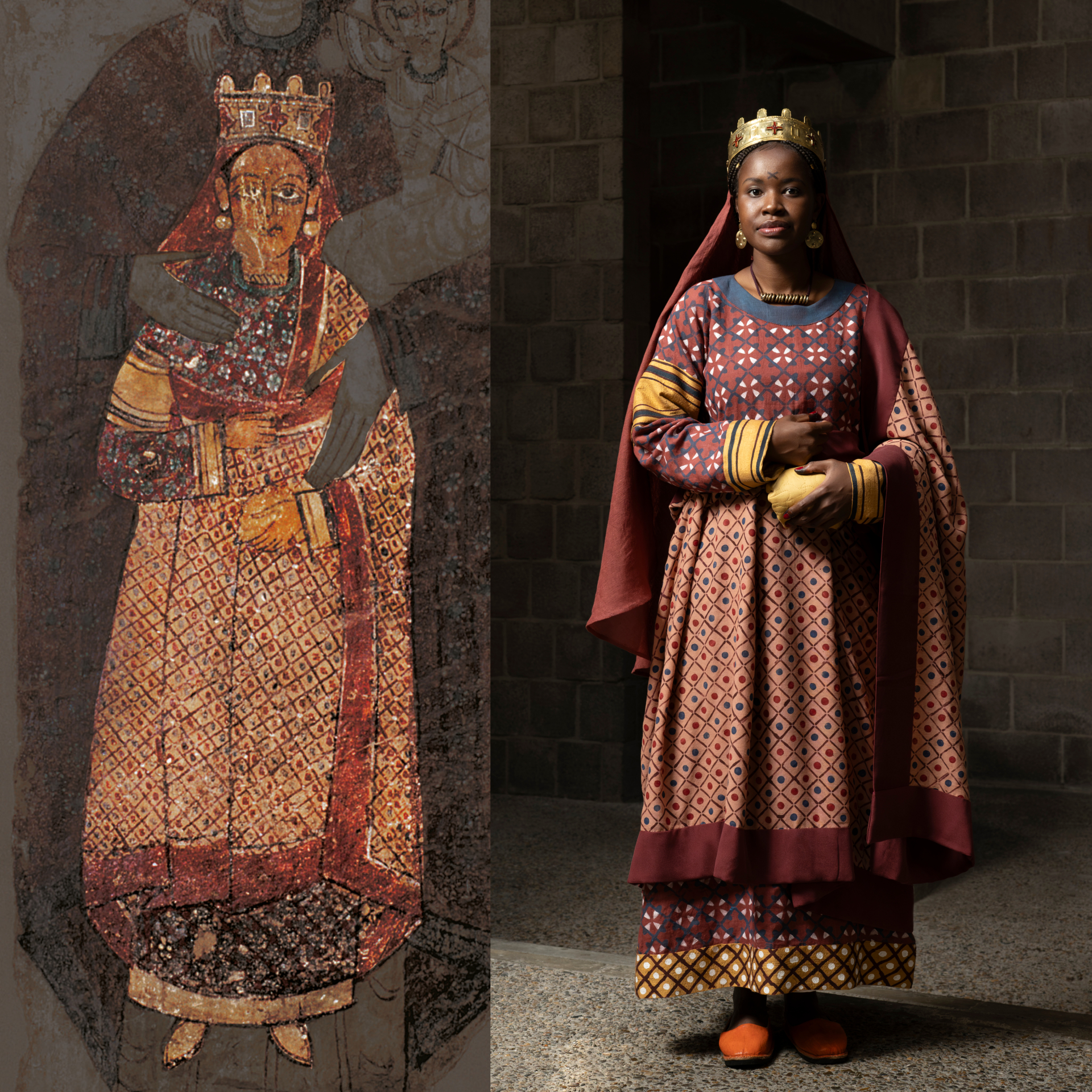 A model wears colorful patterned clothing with an ancient painting cutout next to the model for comparison