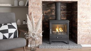 log burning stove in cosy living room