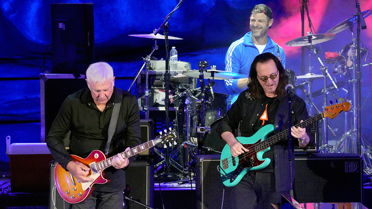 (L-R) Alex Lifeson and Geddy Lee of the band Rush, and Matt Stone perform during South Park The 25th Anniversary Concert at Red Rocks Amphitheatre on August 10, 2022 in Morrison, Colorado