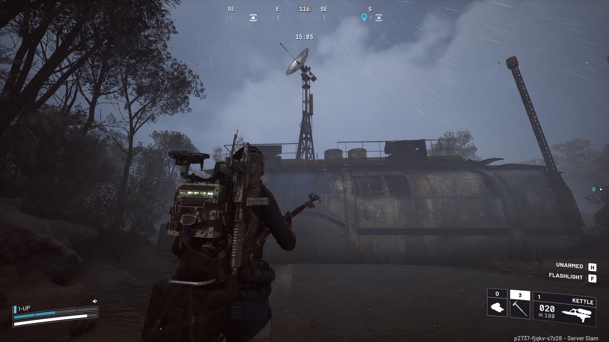 Arc Raiders Field Depot locations: A player looking up at the radar dish on top of a Field Depot in a marshy area.