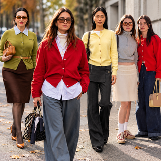 Street-style collage of five women wearing colorful cardigans in olive green, red, and pale yellow, styled with tailored trousers, skirts, and layered shirts.