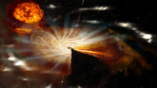An illustration of a black hole feeding on a companion star
