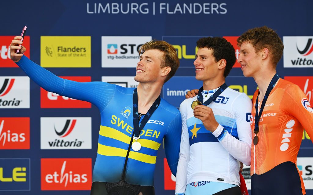 HASSELT BELGIUM SEPTEMBER 11 Gold medalist Alec Segaert of Team Belgium C Silver medalist Jakob Soderqvist of Team Sweden L and Bronze medalist Wessel Mouris of Team Netherlands R pose on the podium during the 30th UEC Road Cycling European Championships 2024 Mens U23 Individual Time Trial a 313km from HeusdenZolder to Hasselt UCIWT on September 11 2024 in Hasselt Belgium Photo by Luc ClaessenGetty Images