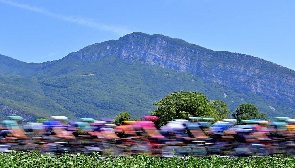 The pack of riders pictured in action during stage 18 of the 2026 Tour de France cycling race, a stage of 185km from Voiron to Orcieres-Merlette, on Thursday 23 July 2026. The 113th edition of the Tour de France starts on Saturday 4 July in Barcelona, Spain, and will finish in Paris, France on the 26th of July. BELGA PHOTO POOL PETE GODING (Photo by POOL PETE GODING / BELGA MAG / Belga via AFP)