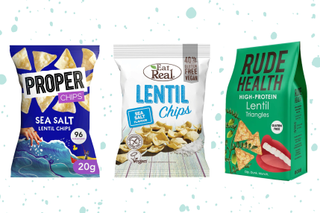 Cut-outs of Properchips, Eat Real and Rude Health lentil crisps