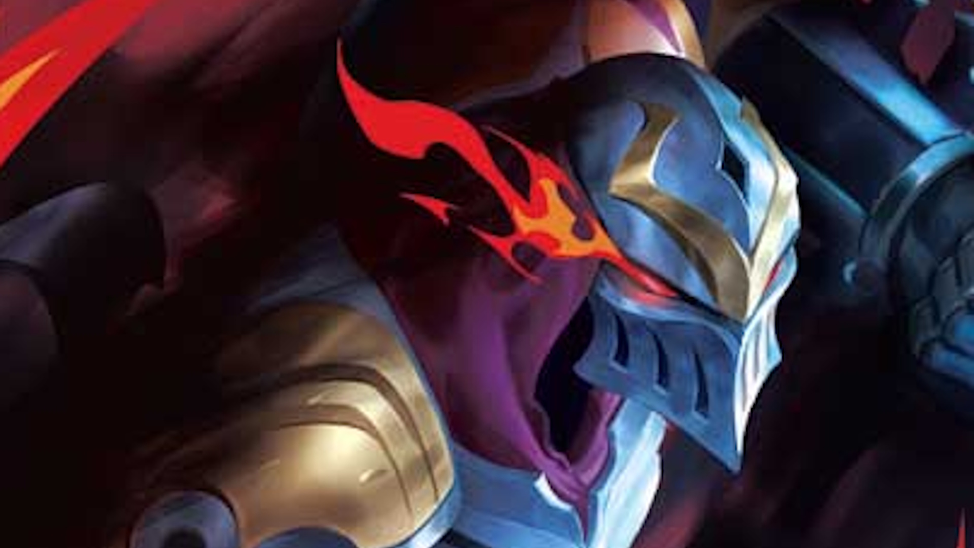 A figure with glowing eyes and a knightly helmet looks into the foreground