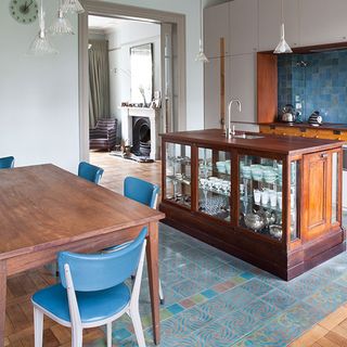 kitchen with wooden worktop and dining set