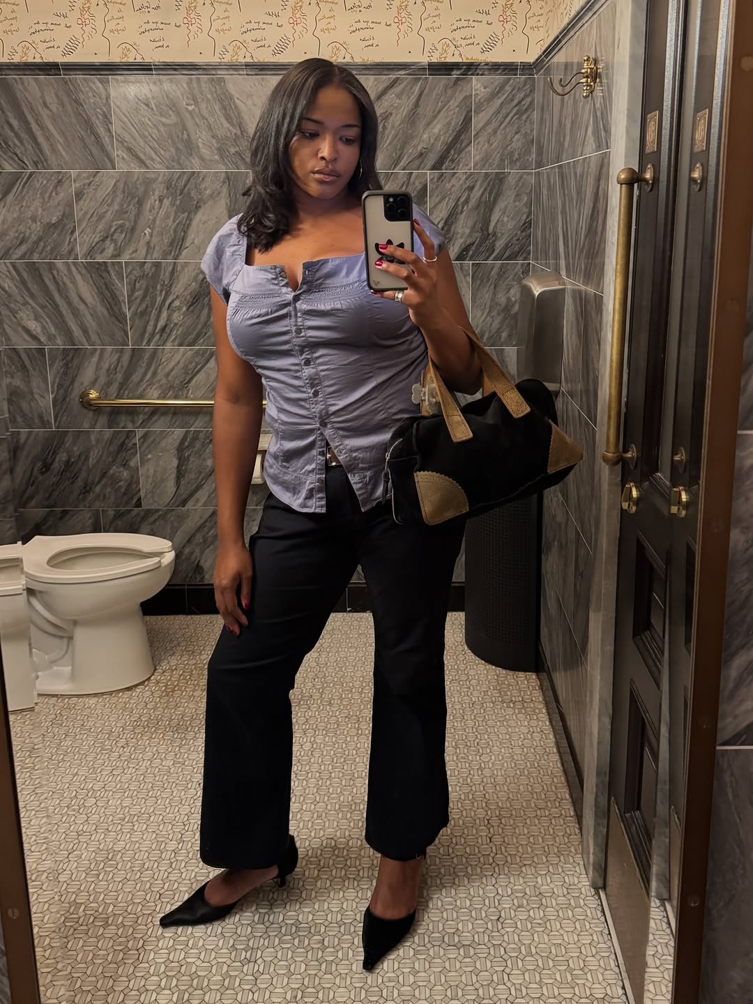 woman wearing best fitted button down shirt