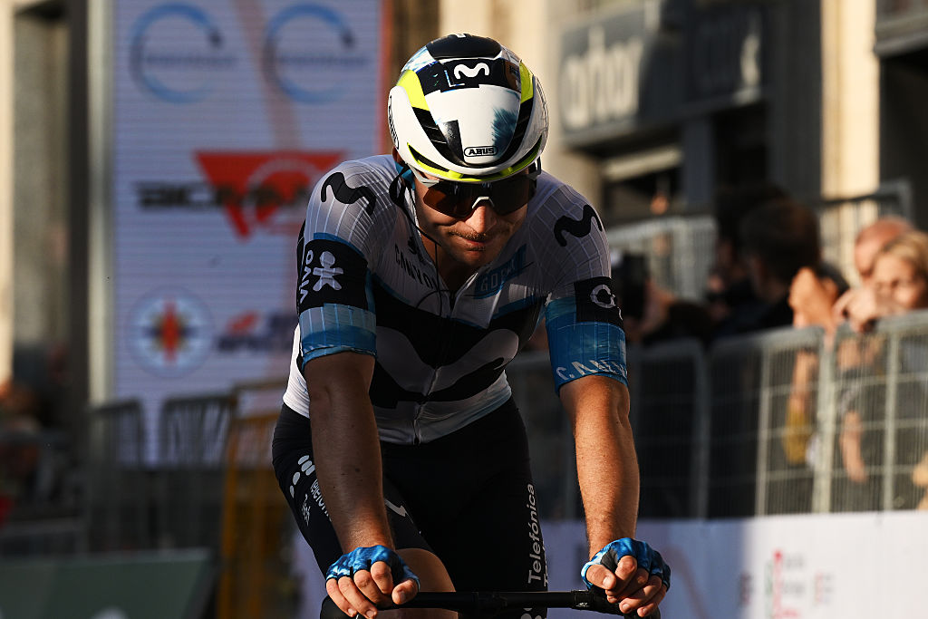 LISSONE, ITALY - OCTOBER 05: Carlos Canal of Spain and Team Movistar crosses the finish line during the 78th Coppa Agostoni - Giro Delle Brianze 2025 a 166.7km one day race from Lissone to Lissone on October 05, 2025 in Lissone, Italy. (Photo by Dario Belingheri/Getty Images)