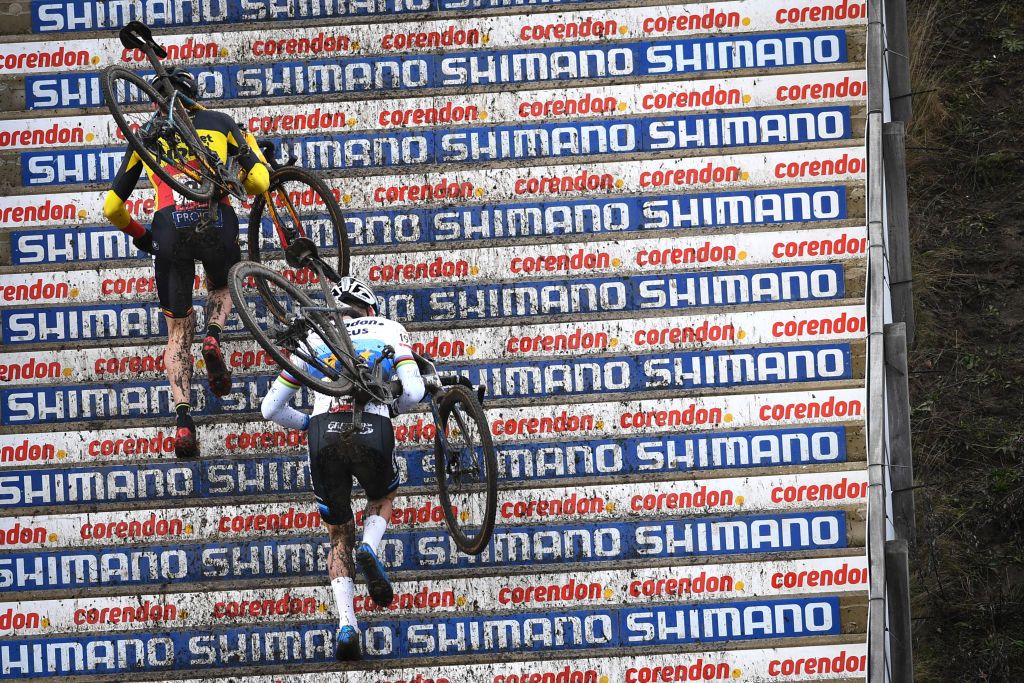 Toon Aerts and Mathieu van der Poel run the steps