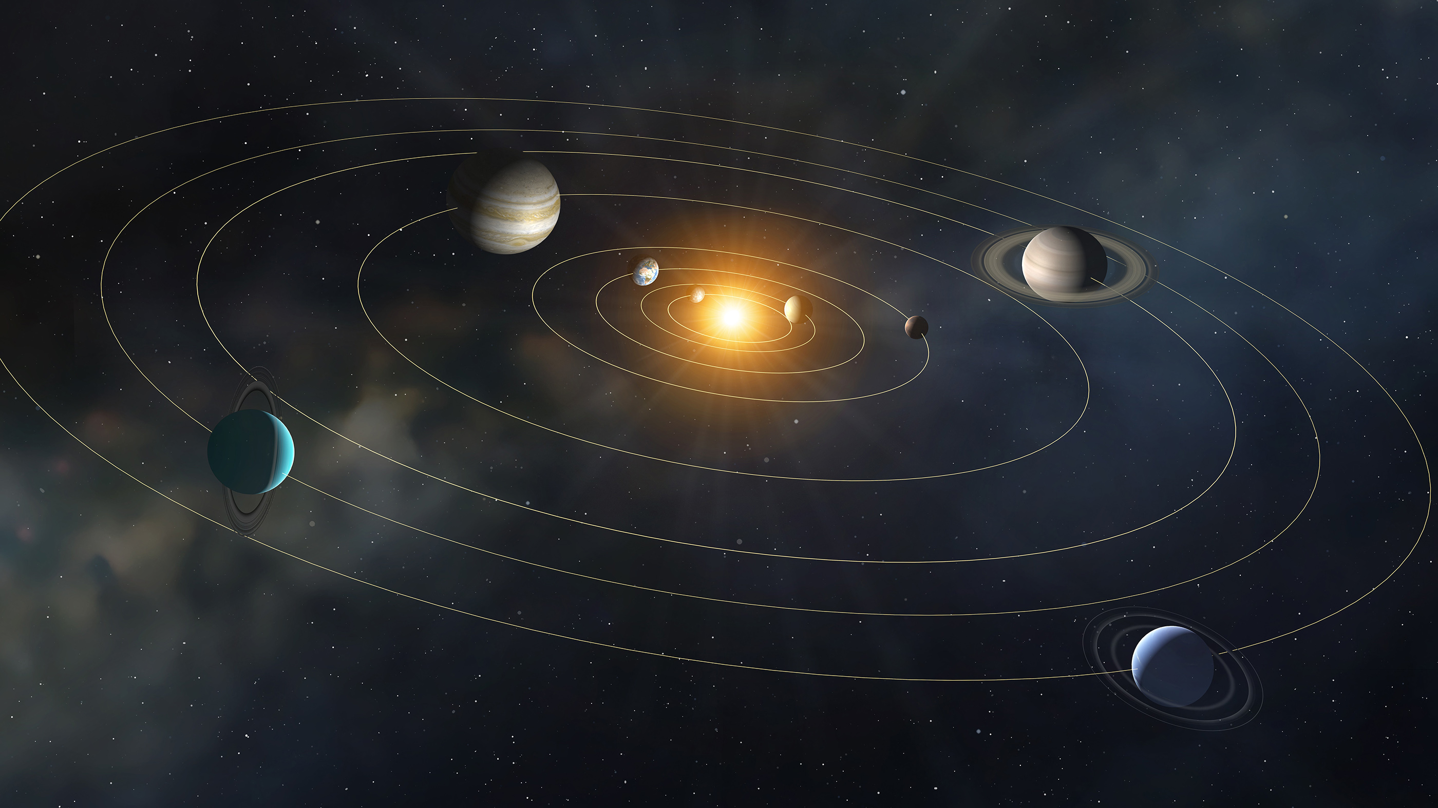 In this illustration, the eight major planets of the solar system are shown orbiting the sun.