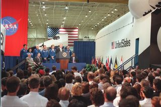 Construction of the International Space Station began in late 1998, in the middle of President Bill Clinton's second term as president. And in 1996, he announced a new national space policy.