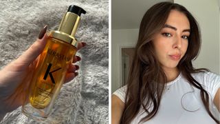 Collage including (L-R) image of Kérastase Hair Oil in hand and image of Digital Beauty Writer, Sennen Prickett with curled brunette hair and wearing a white T-shirt