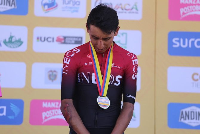 Egan Bernal (Team Ineos) shows the results of his crash, but nevertheless managed to take the silver medal at the Colombian National Championships road race
