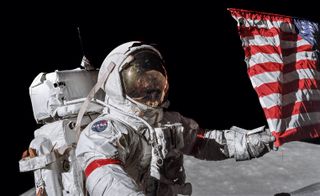 An Apollo astronaut in a space suit holds the corner of an American flag on the surface of the moon.