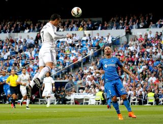 Cristiano Ronaldo rises to head home his and Real Madrid's first goal in a 7-3 win over Getafe in May 2015.