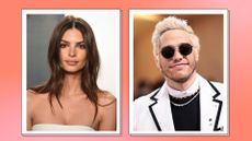 Emily Ratajkowski pictured in a template alongside Pete Davidson on a orange and pink background