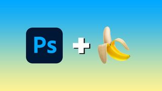 The Photoshop logo, plus sign and a banana emoji on a gradient background
