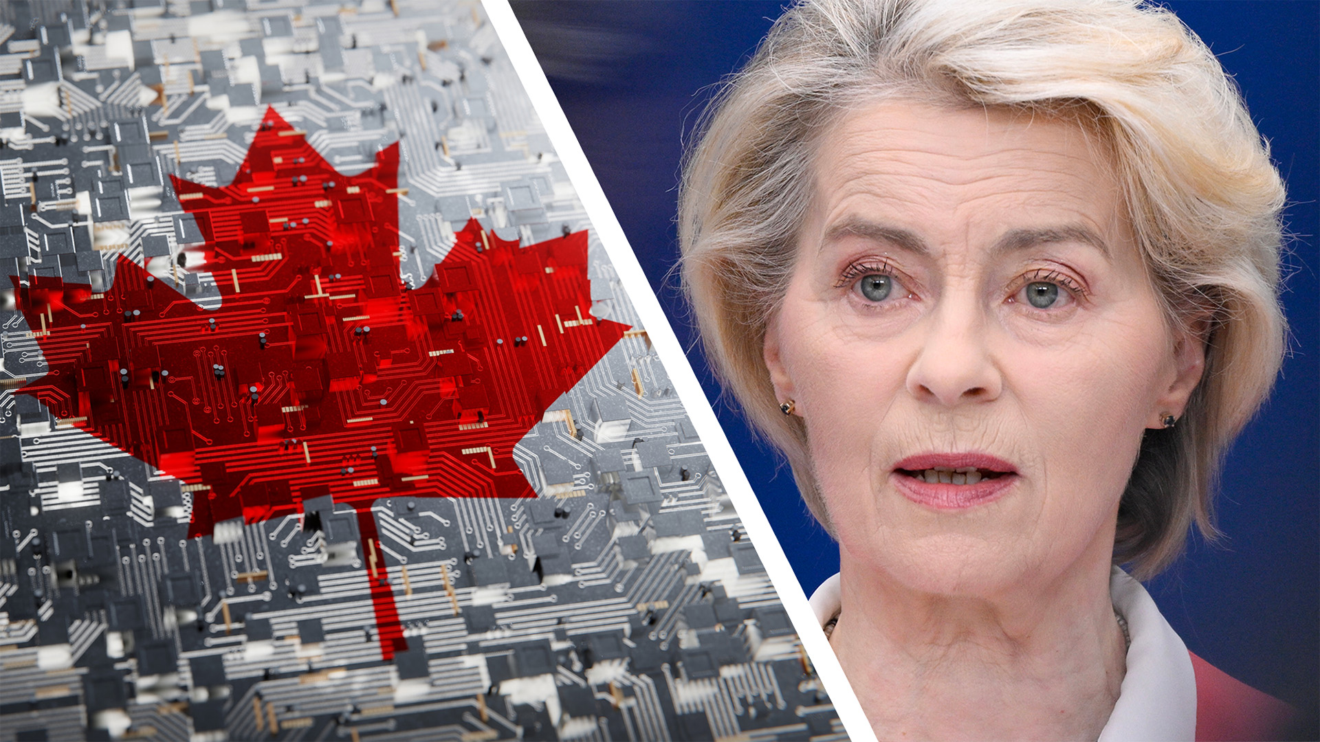 Technology background with national flag of Canada on the left, closeup of EU Commission's President Von der Leyen on the left 