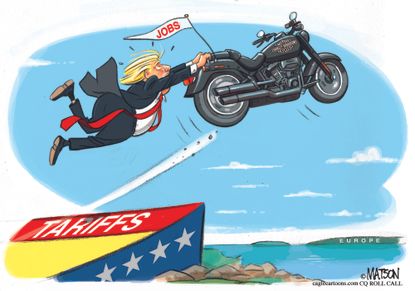 Political cartoon U.S. Harley-Davidson motorcycles tariffs Trump trade war