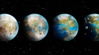 Four side by side images of an earth-like planet in outer space.
