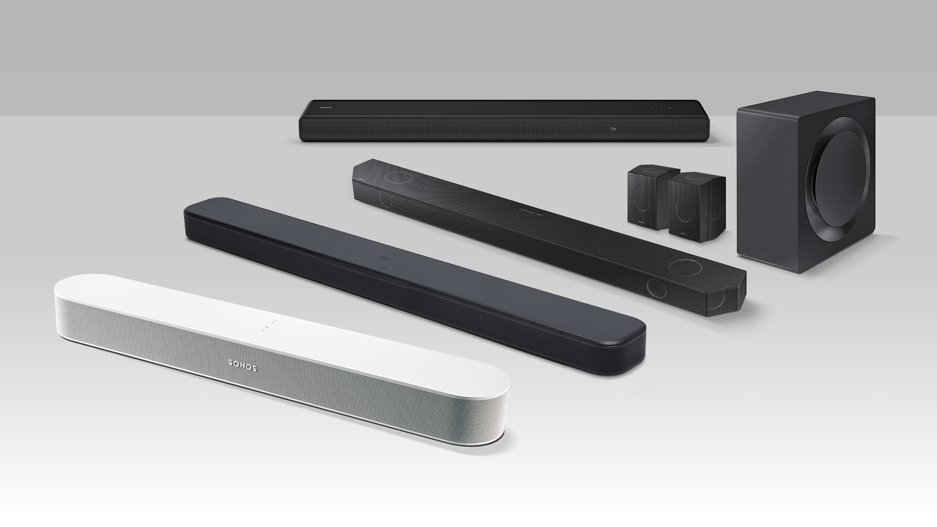 Press images of several soundbars, including the Sonos Beam (Gen 2) and Samsung Q990D