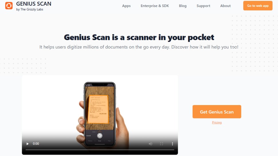 Website screenshot of Genius Scan (February, 2026)