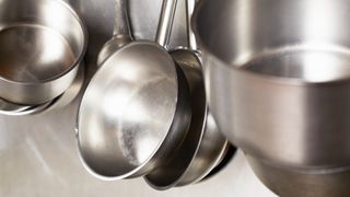 stainless steel pans hanging