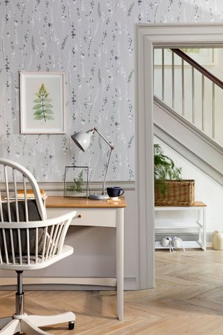 botanical wallpaper in a home office
