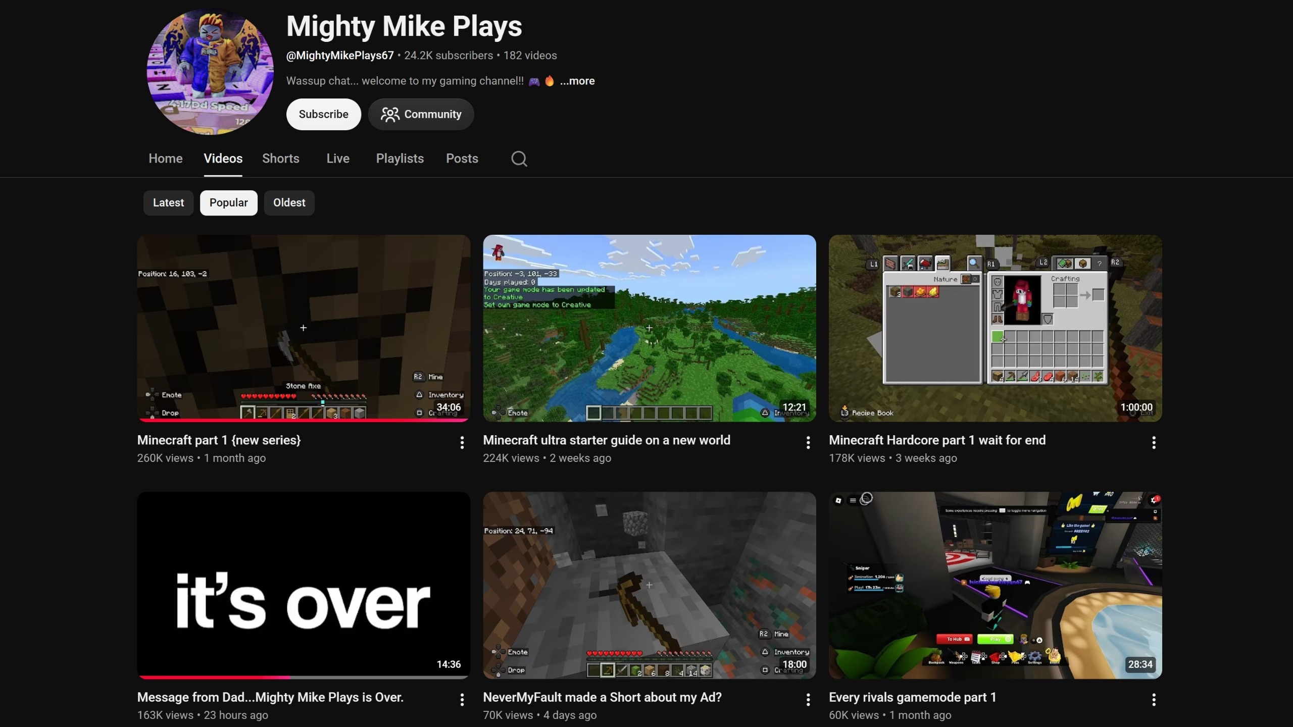 The Mighty Mike Plays channel's Popular tab as of 12:26 a.m. ET Sept. 16.