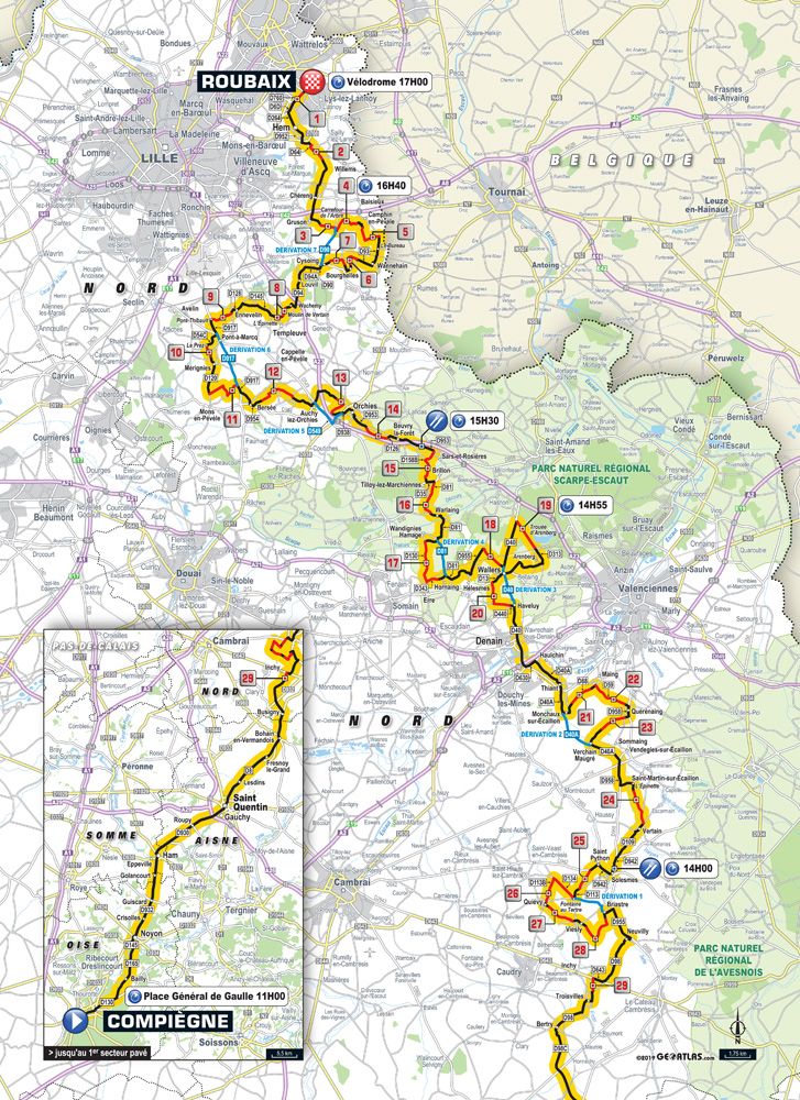 The 2019 Paris-Roubaix route map