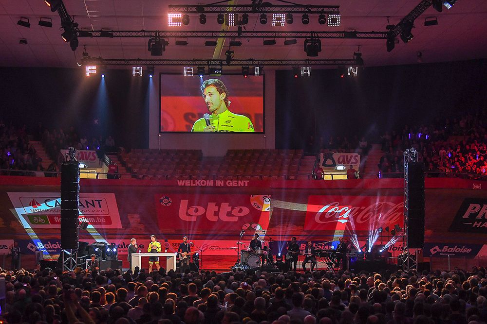 Fabian Cancellara on the big screen at the Kuipke Track Velodrome