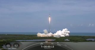 A SpaceX Falcon 9 rocket launching the Transporter 5 mission in May 2022.