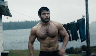 Man of Steel Henry Cavill shirtless in front of a clothesline