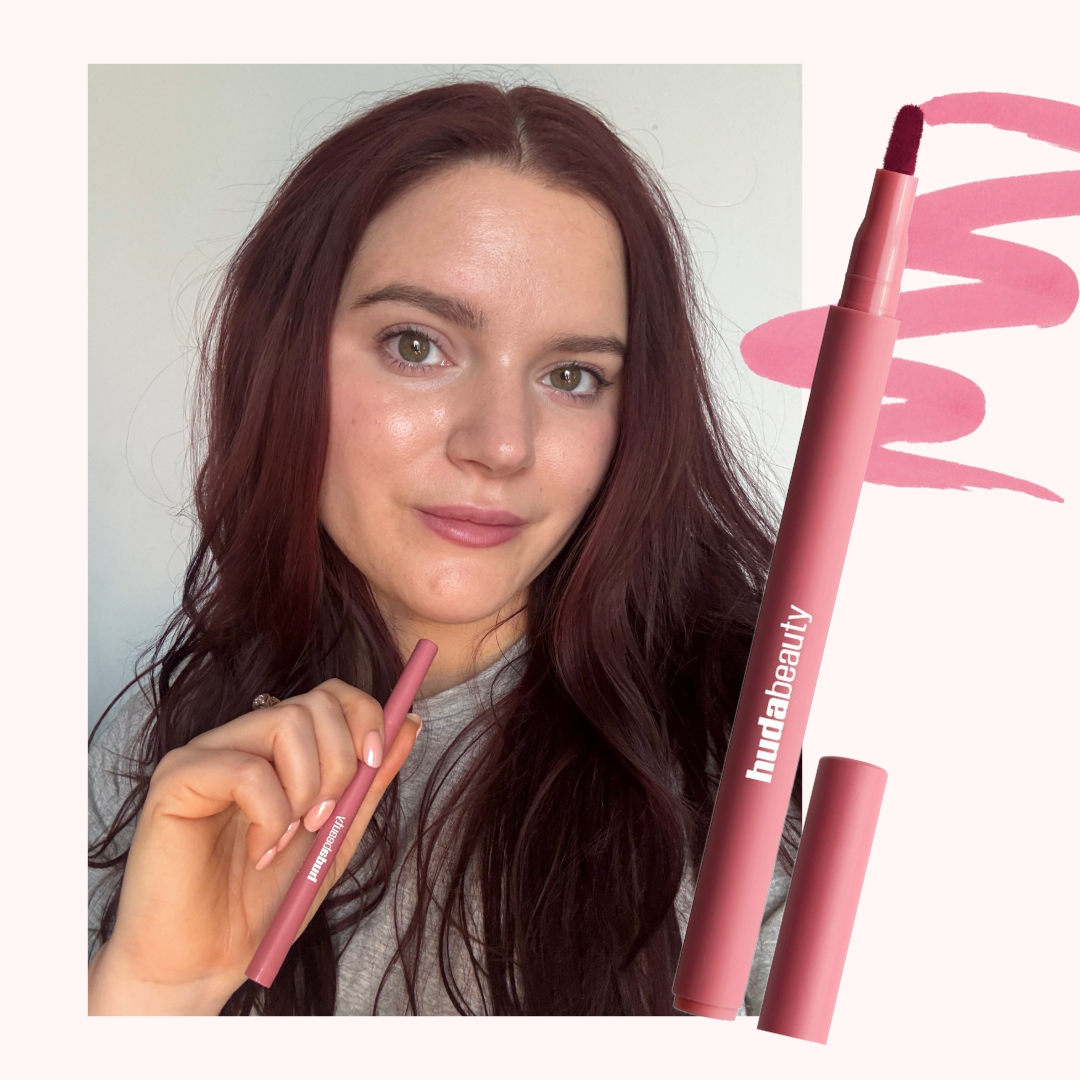Brooke knappenberger marie claire associate commerce editor testing huda beauty lip contour stain with swatches on light pink background