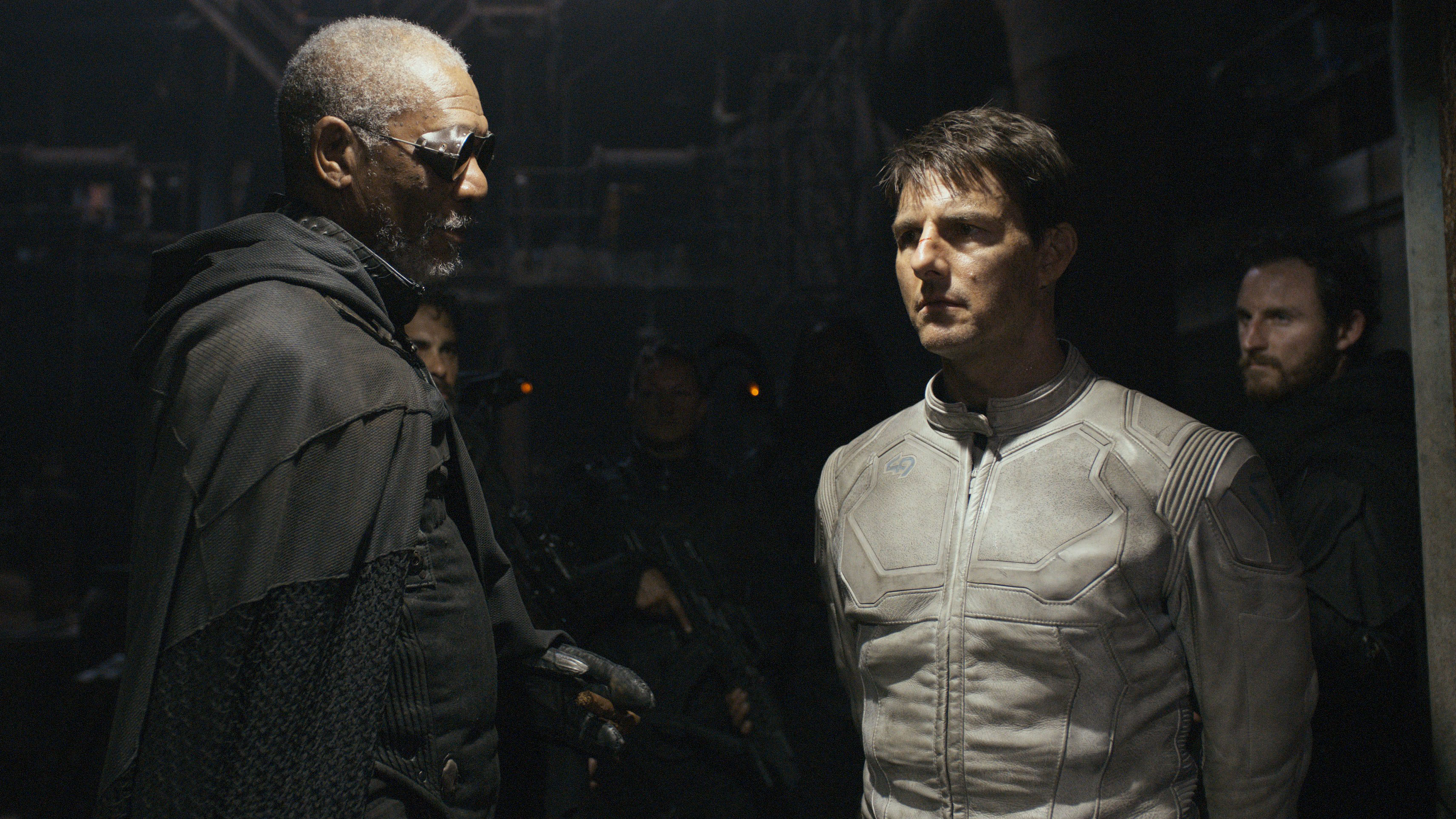 L-R: Morgan Freeman and Tom Cruise together in a scene from "Oblivion"