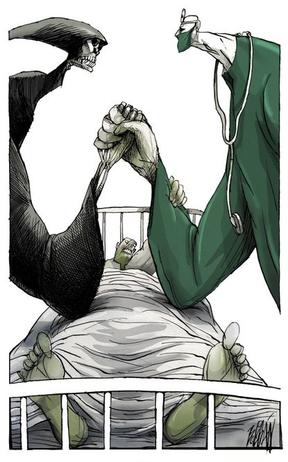Editorial Cartoon World COVID-19 Coronavirus Reaper healthcare workers patients arm wrestle