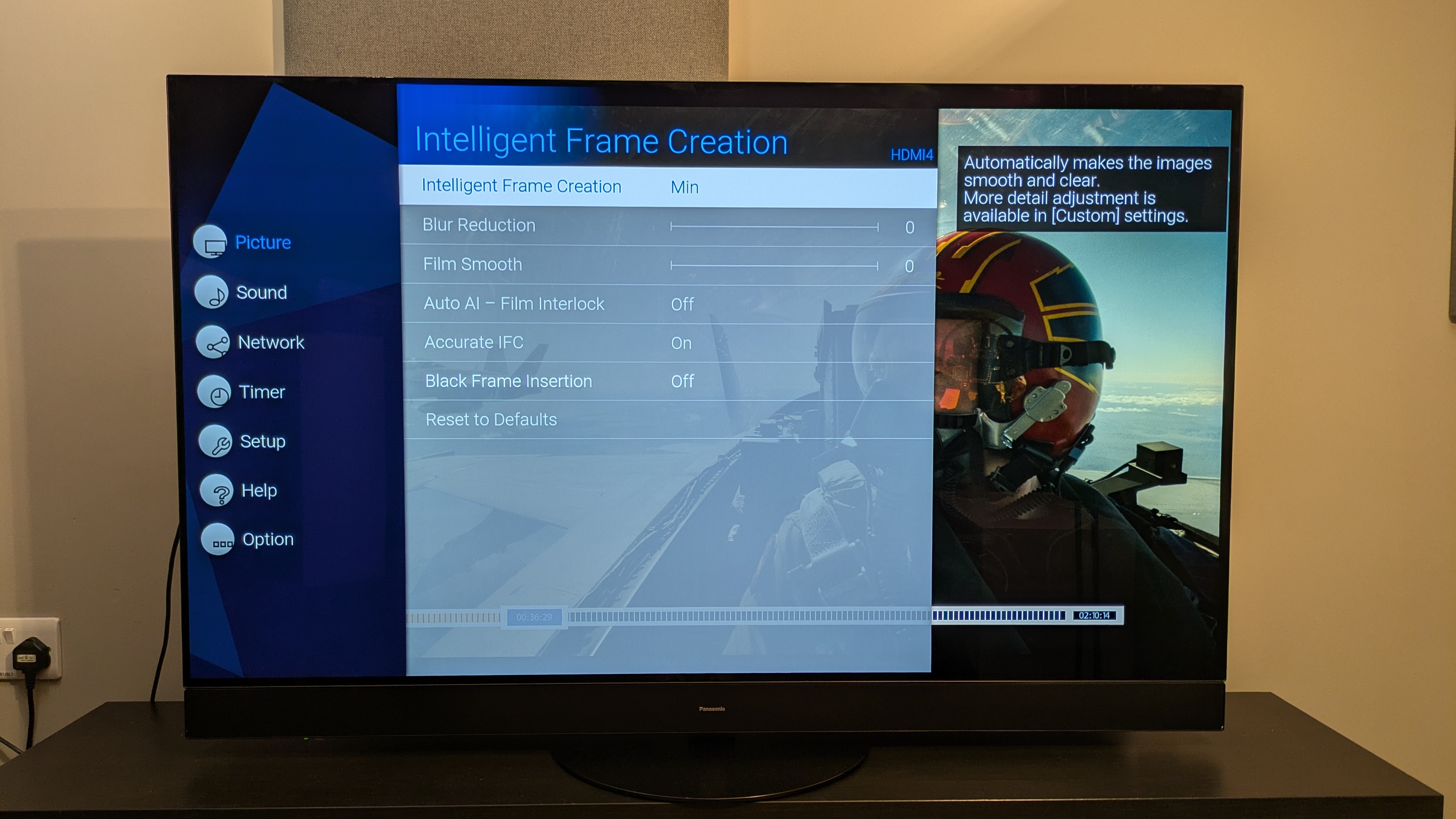 Panasonic MZ1500 with motion smoothing settings menu on screen