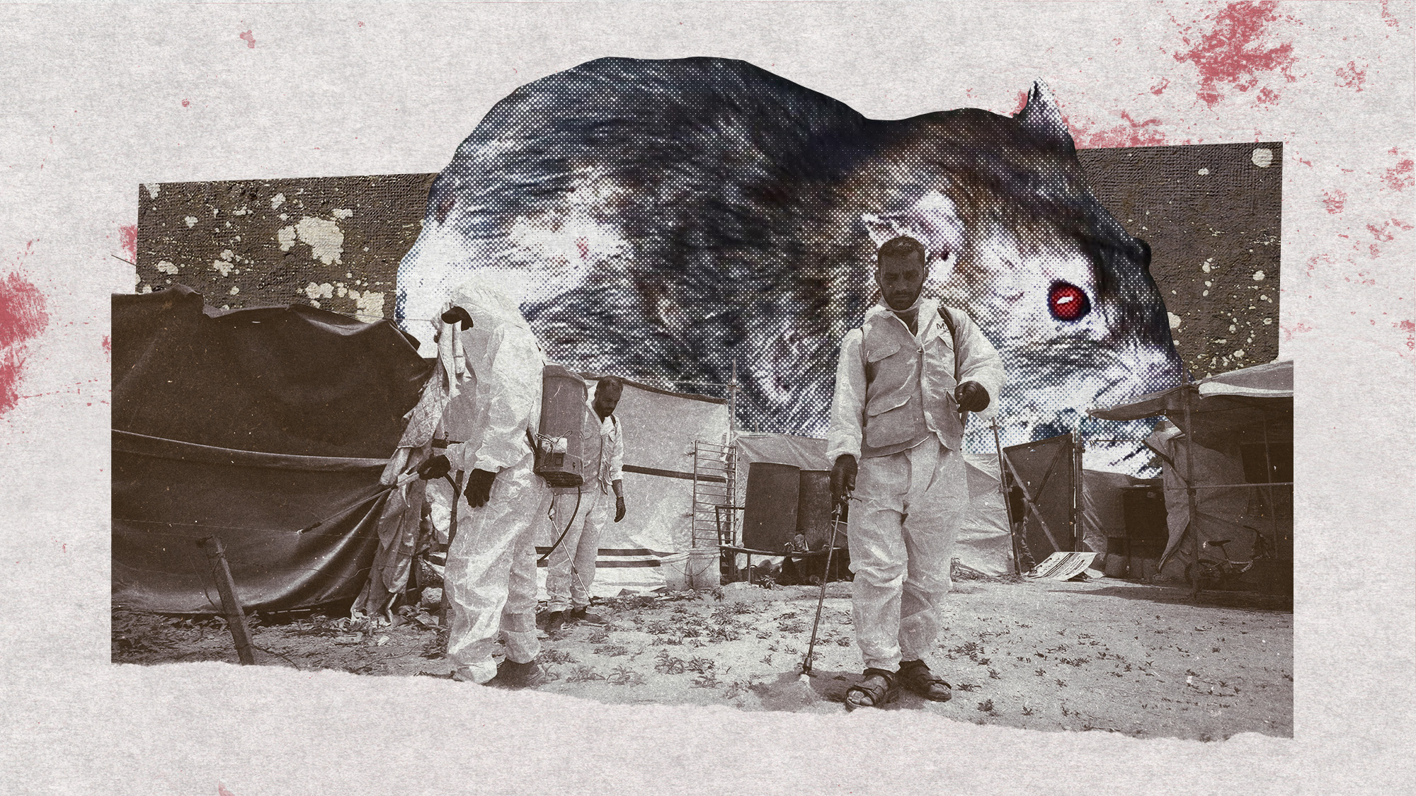 Photo collage of Palestinians fumigating in a tent camp, with a huge, mangy rat observing them from behind.