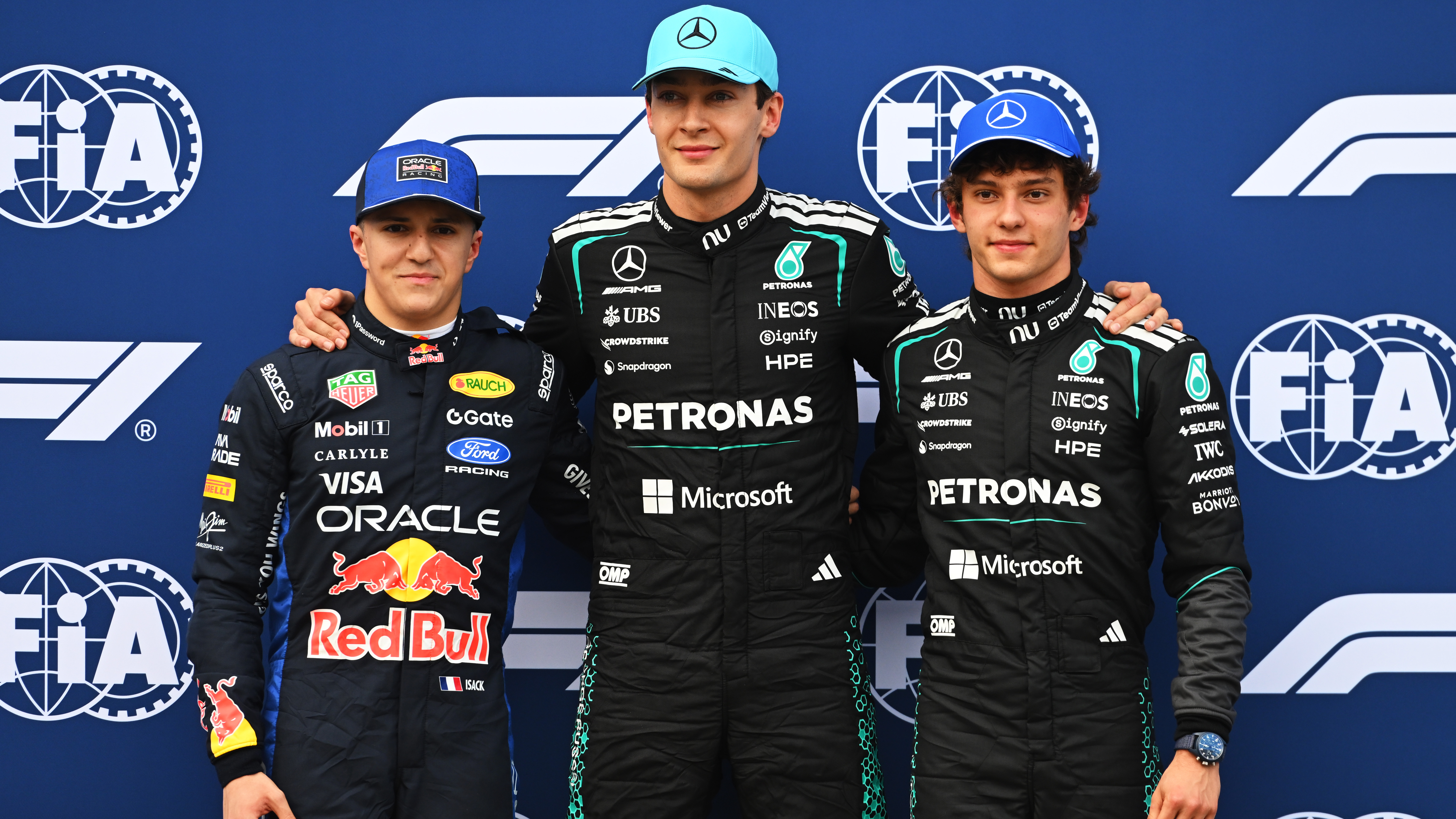 Pole position qualifier George Russell of Great Britain and Mercedes AMG Petronas F1 Team Second placed qualifier Andrea Kimi Antonelli of Italy and Mercedes AMG Petronas F1 Team and Third placed qualifier Isack Hadjar of France and Oracle Red Bull Racing
