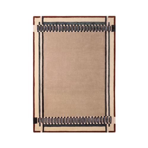 A neutral rug with patterned border
