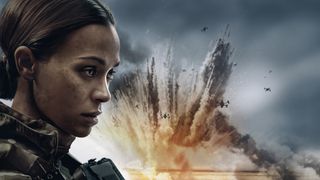 Lioness season 3 key art. Zoe Saldana as Joe looking off to the distance with an explosion and drones behind her.