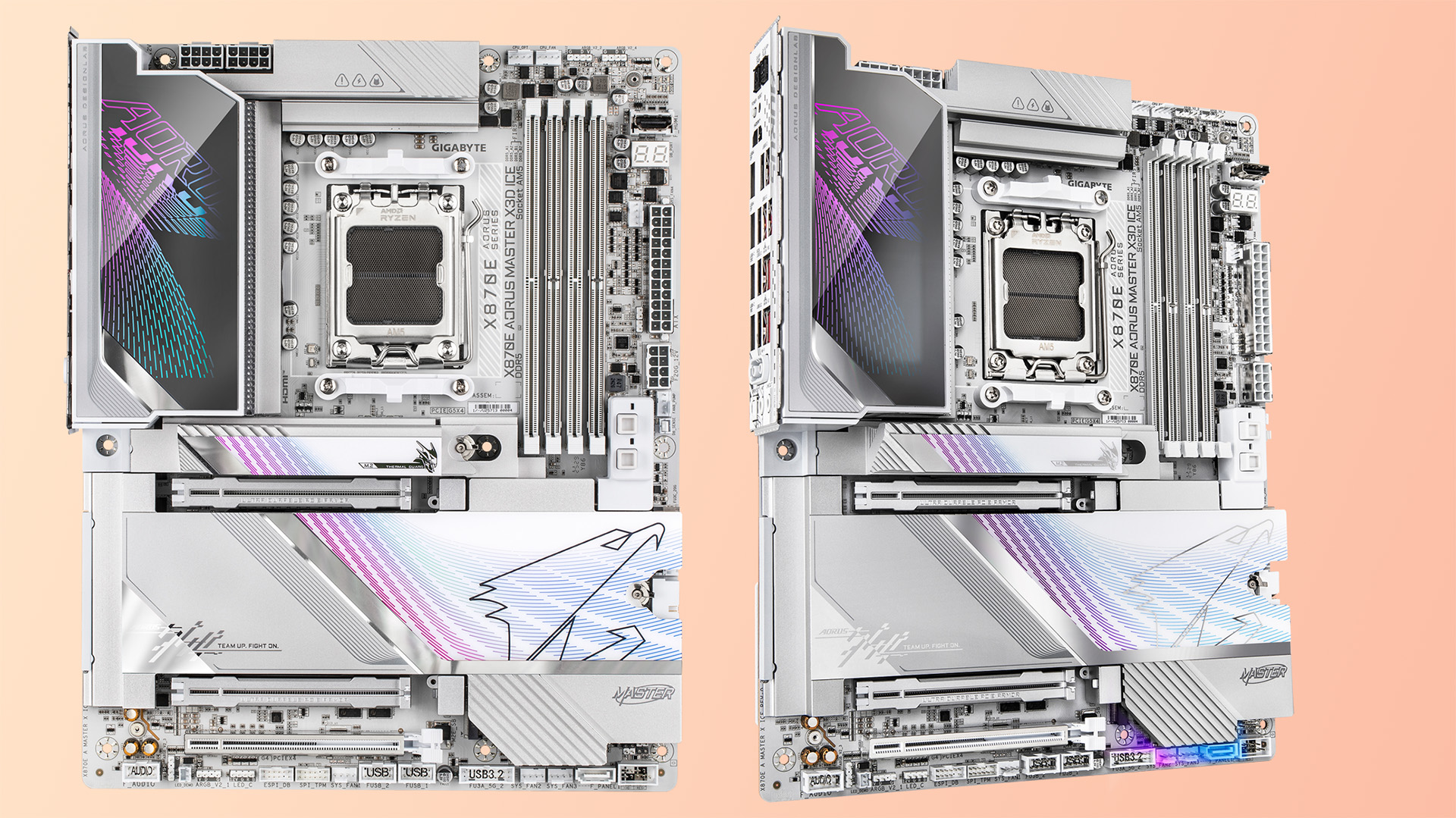 The Gigabyte X870E Aorus Master X3D Ice motherboard on a gradient background.